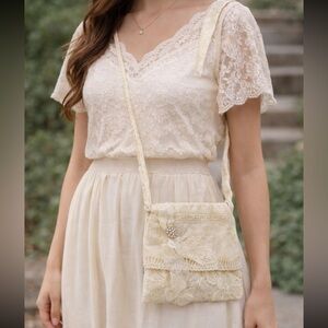 Miss Rose Sister Violet Cream Cotton & Lace Shoulder Bag NWT